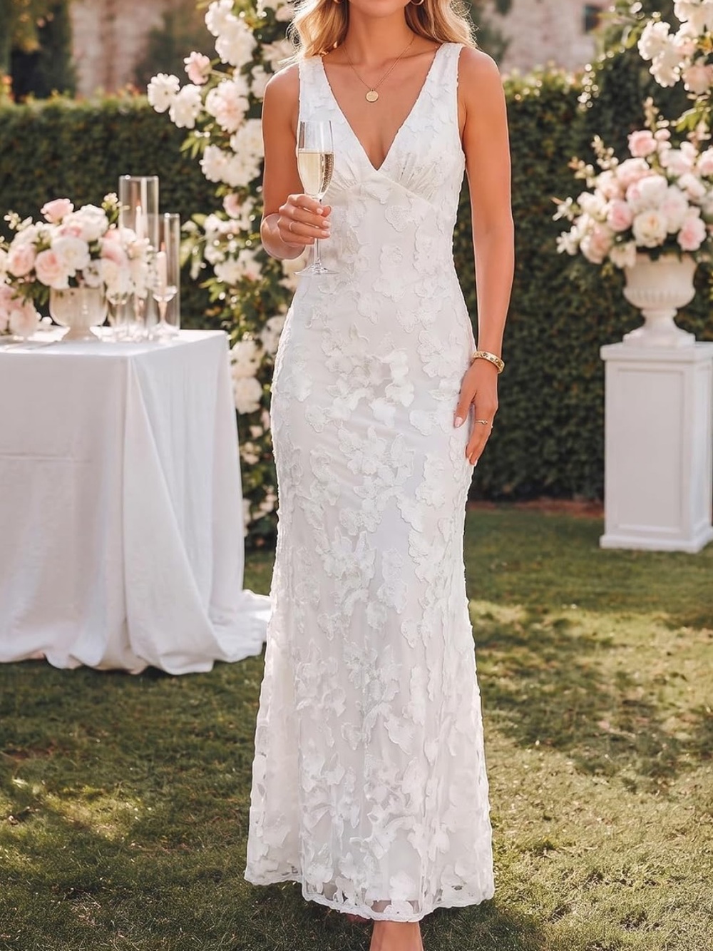 Elegant White V-Neck Lace Evening Dress